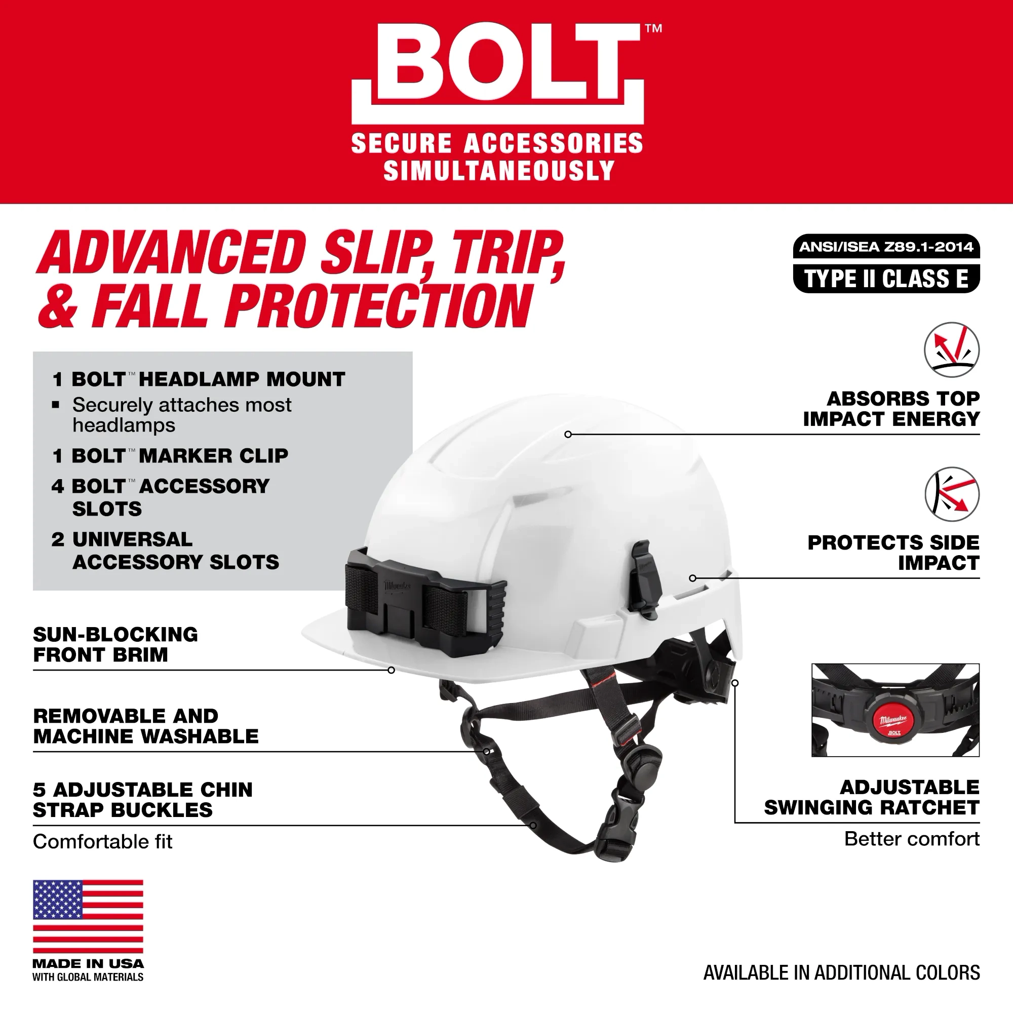 Casco de seguridad de ala delantera azul BOLT™ con forro IMPACT ARMOR™ (EE. UU.): Tipo 2, Clase E
